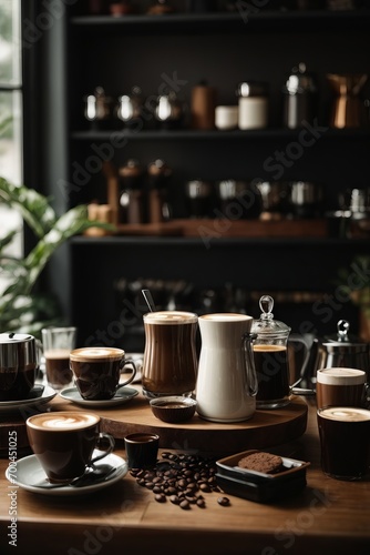 Cozy coffee shop with latte and espresso cups on a dark background. Food and drinks  breakfast  coffee concepts.