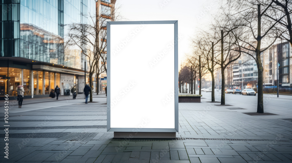 Pedestrian plaza billboard mockup with winter trees and retail buildings. Display concept Generative AI Pedestrian plaza billboard mockup with winter trees and retail buildings. Display concept Generative AI