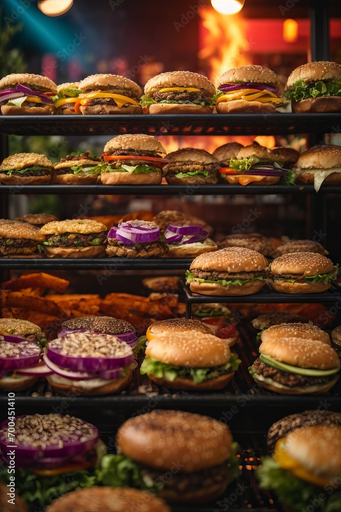 There are many different vegetarian burgers on the shelves of the restaurant kitchen.