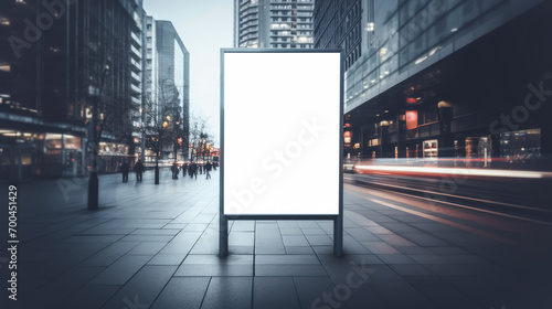 Illuminated blank billboard on city street at night for advertisement. Urban marketing concept. Generative AI photo
