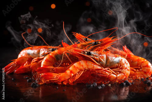 Fresh steaming hot shrimps on a wooden surface with smoke rising, highlighting the seafood's freshness.