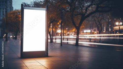 Outdoor billboard with empty screen on urban evening streetscape. Marketing and city life concept. Generative AI