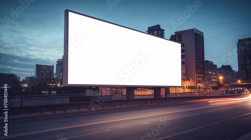 Blank billboard on overcast evening in urban landscape. Advertising and communication space concept. Generative AI