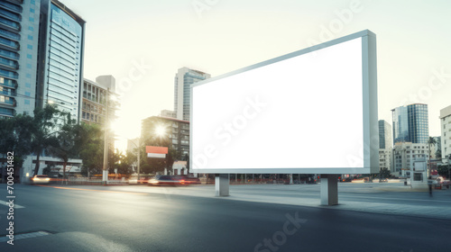City street billboard mockup at dusk with urban buildings and lens flare. Outdoor advertising. Generative AI