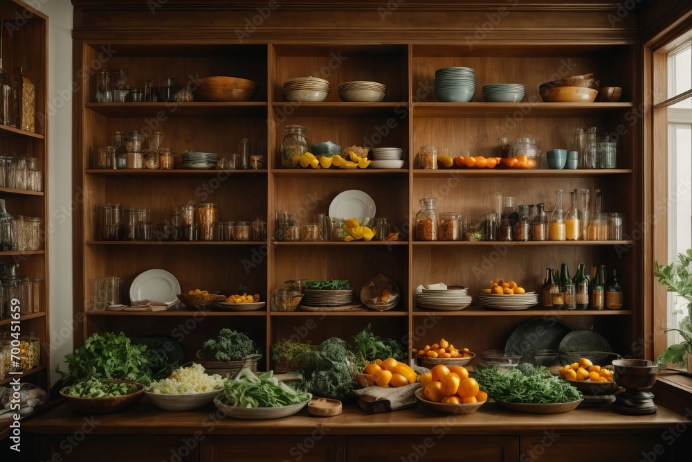 Grocery store shelves with jars, smoothies, nuts, seasonings, vegetables and fruits on the counters on a wooden background. Vegetarianism, healthy eating concepts.