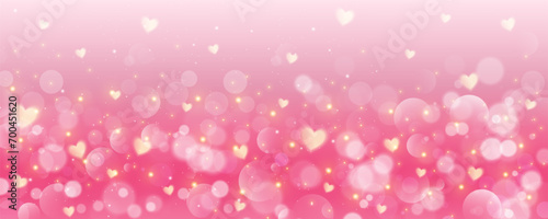 Pink background with hearts. Lovely pastel gradient with glitter bokeh and stars. Valentine day wallpaper. Fantasy romantic vector sky.
