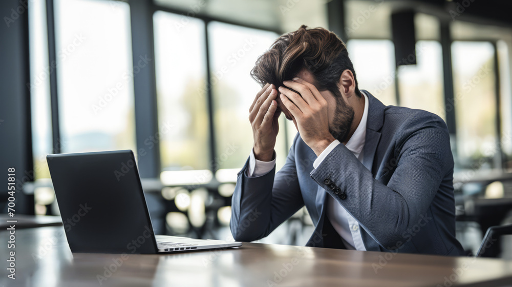 Exhausted male employee facing computer in modern office, stress and workload concept Generative AI Exhausted male employee facing computer in modern office, stress and workload concept Generative AI