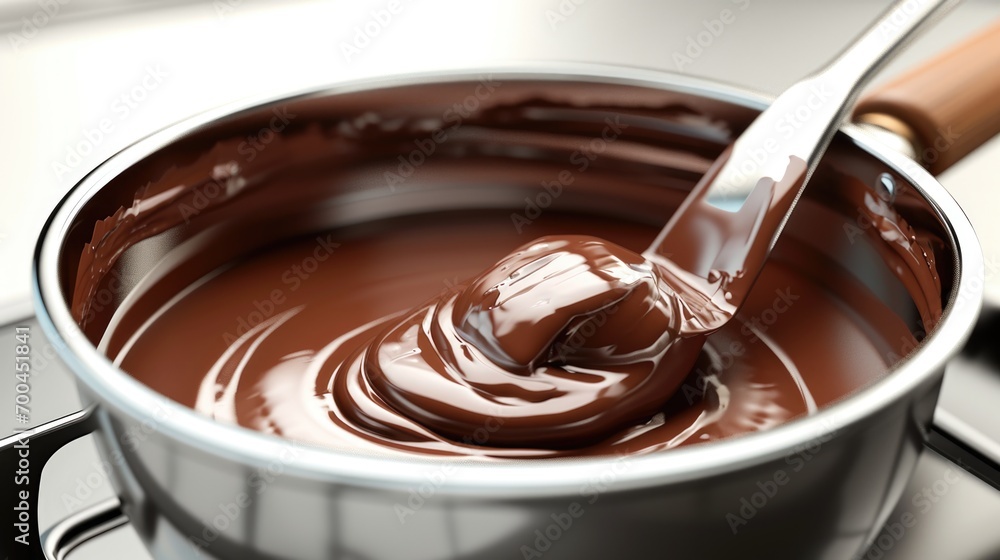 A pot of melted chocolate with a spoon for easy dipping. Perfect for desserts and baking recipes - obrazy, fototapety, plakaty 