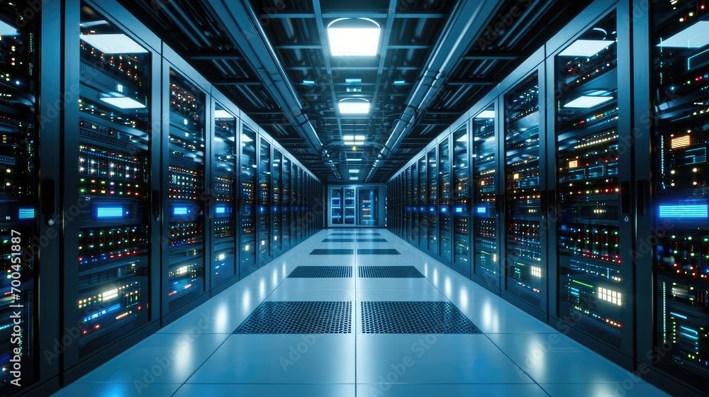 A bustling server room, rows of high-tech computers with blinking lights, The cooling fans filling the space. Generative AI. A bustling server room, rows of high-tech computers with blinking lights, The cooling fans filling the space. Generative AI.