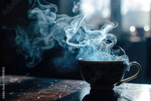 A picture of a cup of tea with steam rising out of it. Can be used to depict relaxation, comfort, or a warm beverage