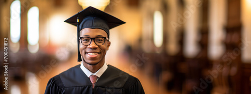Smiling Black graduate, historical university hall backdrop. Tradition and education concept. Generative AI photo