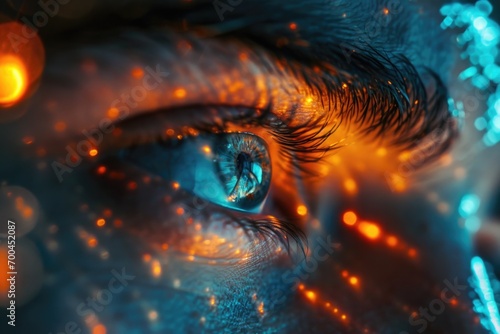 A close up of a person's eye with bright lights in the background. Perfect for capturing attention and adding a touch of mystery to any project