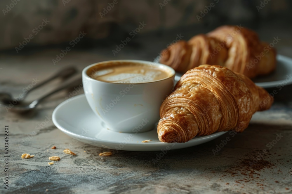 A simple and inviting scene featuring two croissants and a cup of coffee on a table. Perfect for food and beverage related projects or adding a cozy touch to any design A simple and inviting scene featuring two croissants and a cup of coffee on a table. Perfect for food and beverage related projects or adding a cozy touch to any design