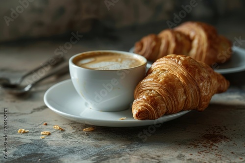 A simple and inviting scene featuring two croissants and a cup of coffee on a table. Perfect for food and beverage related projects or adding a cozy touch to any design