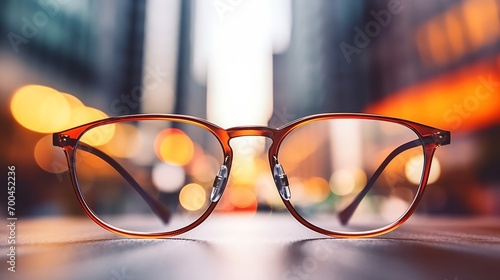 Generative AI : Modern bright city view through eyeglasses.