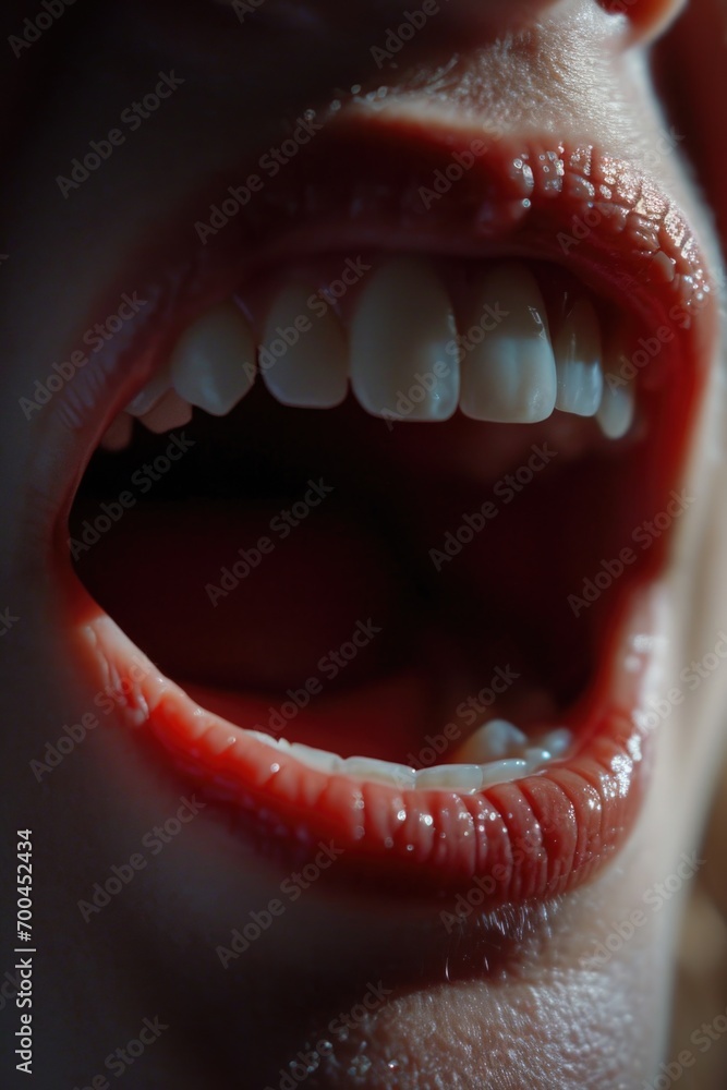 A close-up view of a person's mouth with a toothbrush. This image can be used to promote oral hygiene and dental care