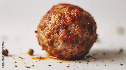 A close-up view of a meatball on a plate. Perfect for food-related projects and culinary themes photo