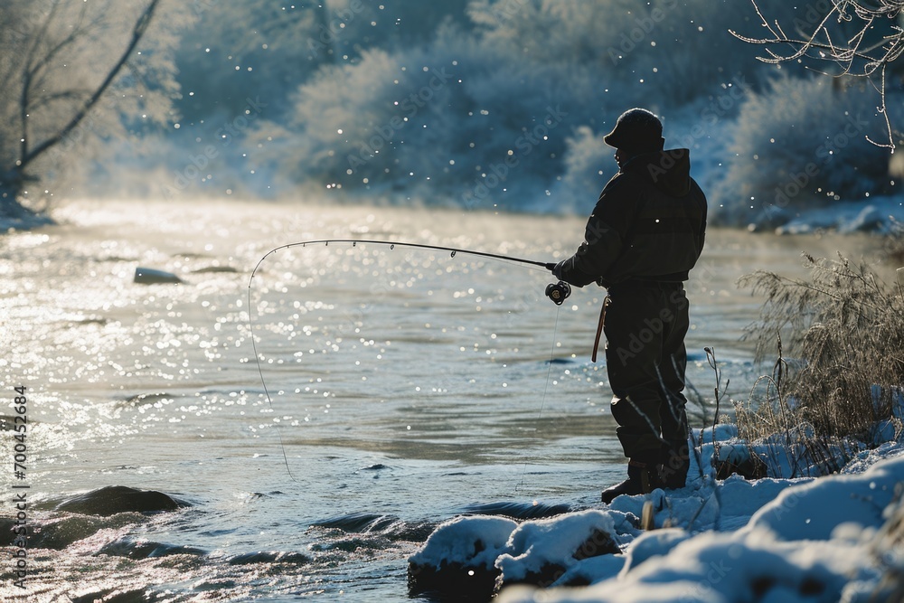 A man fishing in a river covered in snow. Suitable for winter outdoor activities - obrazy, fototapety, plakaty 
