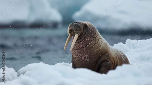 Walrus with long canine teeth in winter landscapes, animal photography seals in its habitat