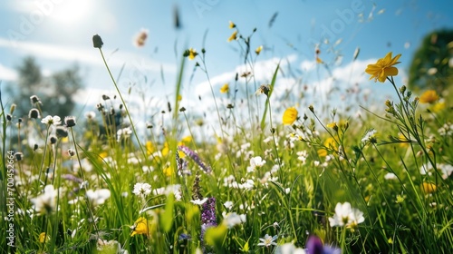 A beautiful field full of colorful wildflowers with a clear blue sky in the background. Perfect for adding a touch of nature and beauty to any project © Fotograf