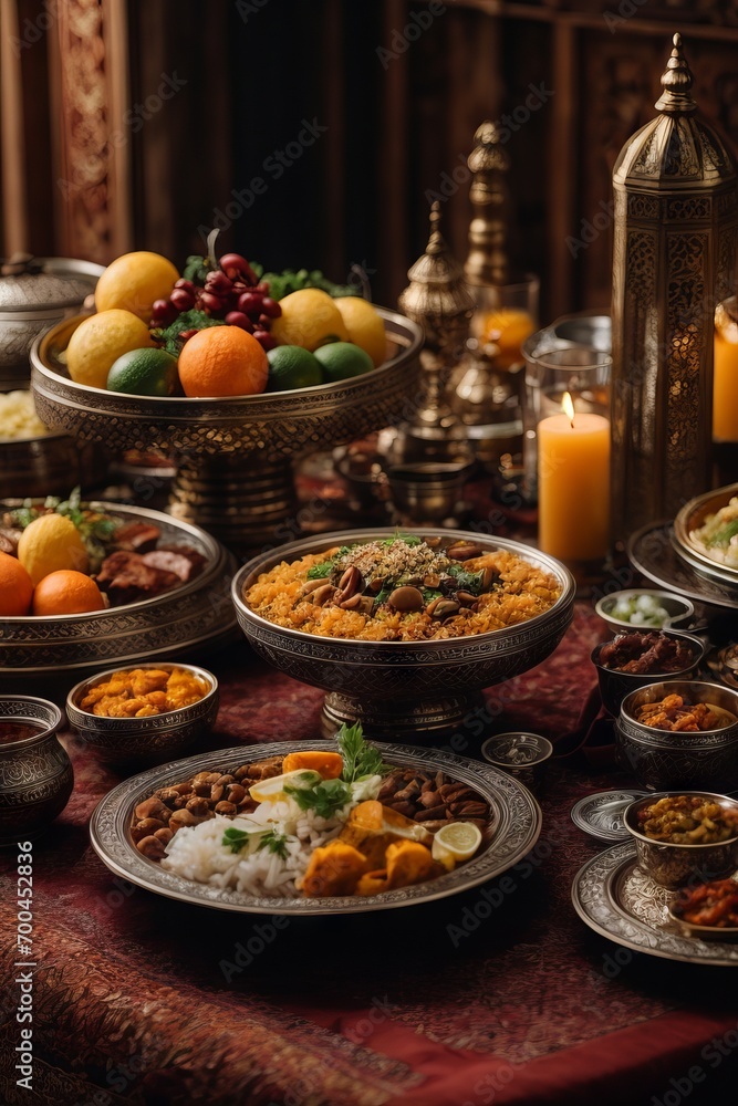 The festive table of Muslims for the day of Ramadan. Delicious national dishes, fruits and vegetables on the table.