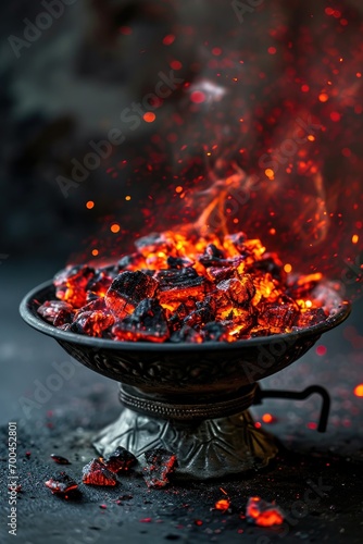 A metal bowl filled with red hot coal. Versatile image for various uses