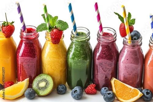 A colorful row of fruit smoothies featuring strawberries, kiwi, oranges, and strawberries. Perfect for promoting healthy eating and refreshing summer beverages