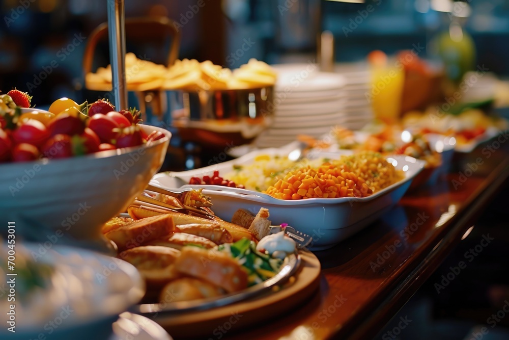 A wooden table adorned with an array of delicious food. Perfect for showcasing a feast or mealtime gathering. Ideal for food blogs, restaurant promotions, or culinary websites