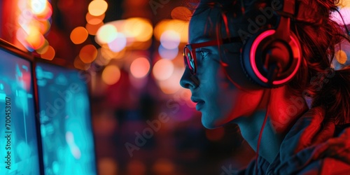 A woman wearing headphones is focused on the computer screen. This image can be used to depict a variety of scenarios involving technology, communication, or online activities