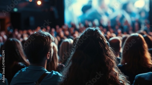 A crowd of people gathered to watch a movie on a large screen. Perfect for capturing the excitement and energy of a movie screening event. photo