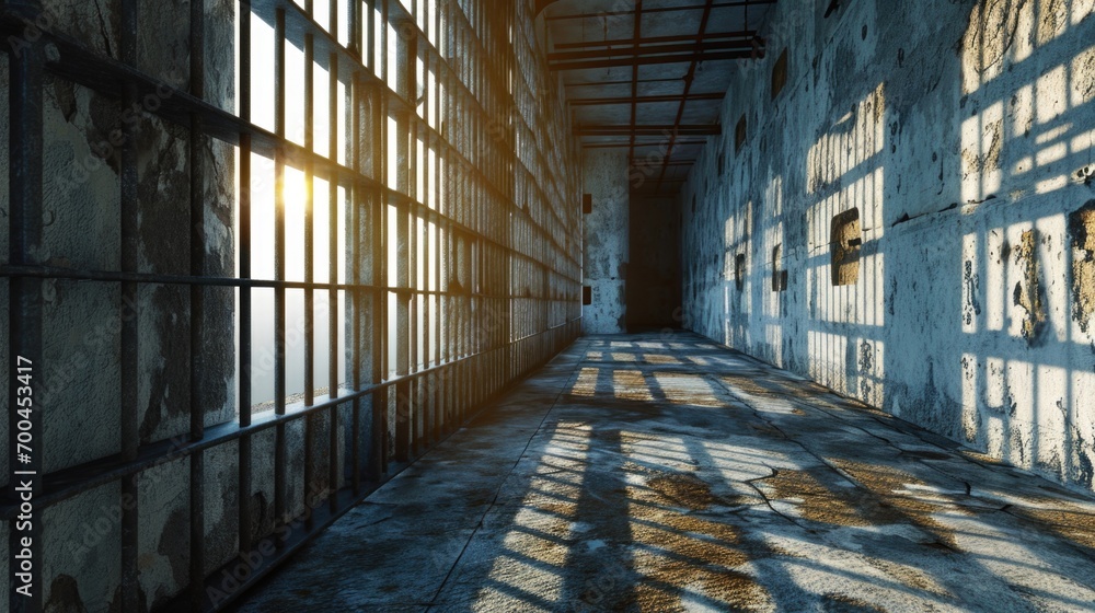A prison cell block with sunlight streaming through the windows. Can be used to depict the contrast between confinement and hope or to illustrate prison life