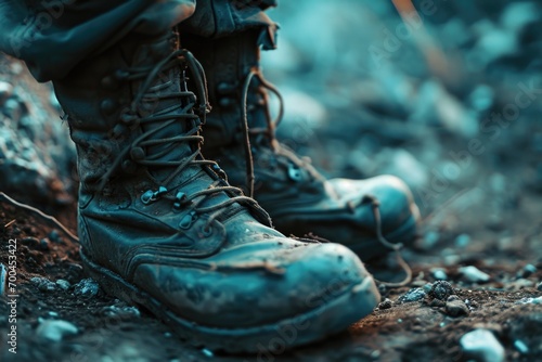 A close-up view of a pair of boots on the ground. This image can be used to represent adventure, exploration, or outdoor activities