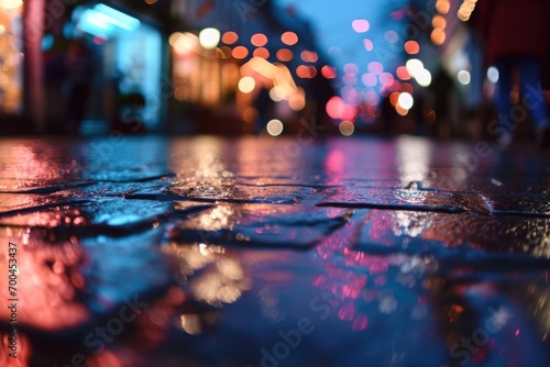 A wet sidewalk with a city street in the background. Suitable for urban-themed projects
