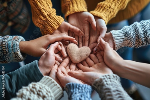 A group of people holding hands around a heart. Can be used to symbolize unity, love, and support photo