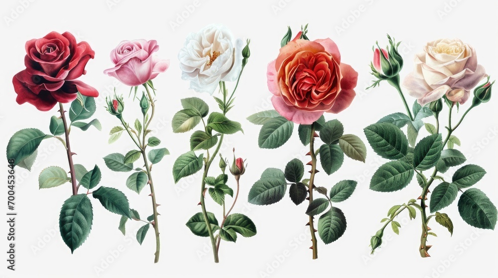 A beautiful arrangement of different colored roses on a pristine white background. Perfect for adding a touch of elegance and romance to any project or design