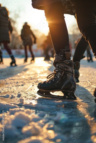 A group of people enjoying ice skating on a frozen lake. Perfect for winter activities and outdoor sports