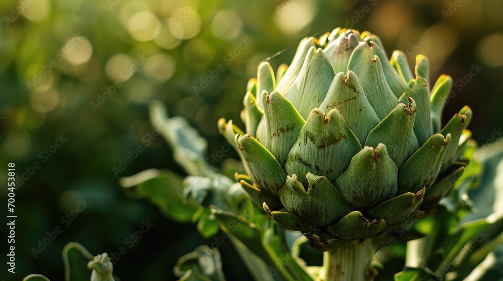 A detailed view of an artichoke plant in a garden. This image can be used to showcase the beauty of nature and gardening. A detailed view of an artichoke plant in a garden. This image can be used to showcase the beauty of nature and gardening.