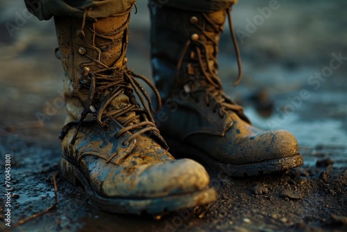 A detailed view of a pair of dirty boots. Ideal for depicting hard work, adventure, or the outdoors