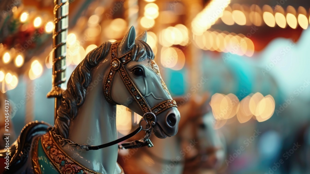 A close up view of a beautifully decorated carousel horse. Perfect for adding a touch of whimsy and nostalgia to any project A close up view of a beautifully decorated carousel horse. Perfect for adding a touch of whimsy and nostalgia to any project