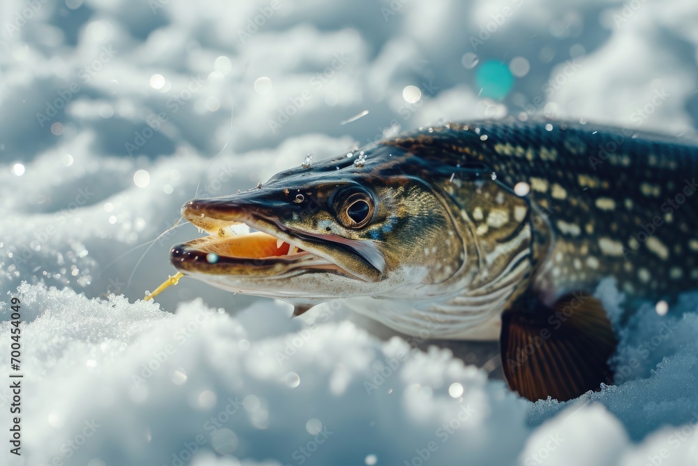 A fish with its mouth open in the snow. Suitable for illustrating extreme weather conditions or the concept of surprise A fish with its mouth open in the snow. Suitable for illustrating extreme weather conditions or the concept of surprise