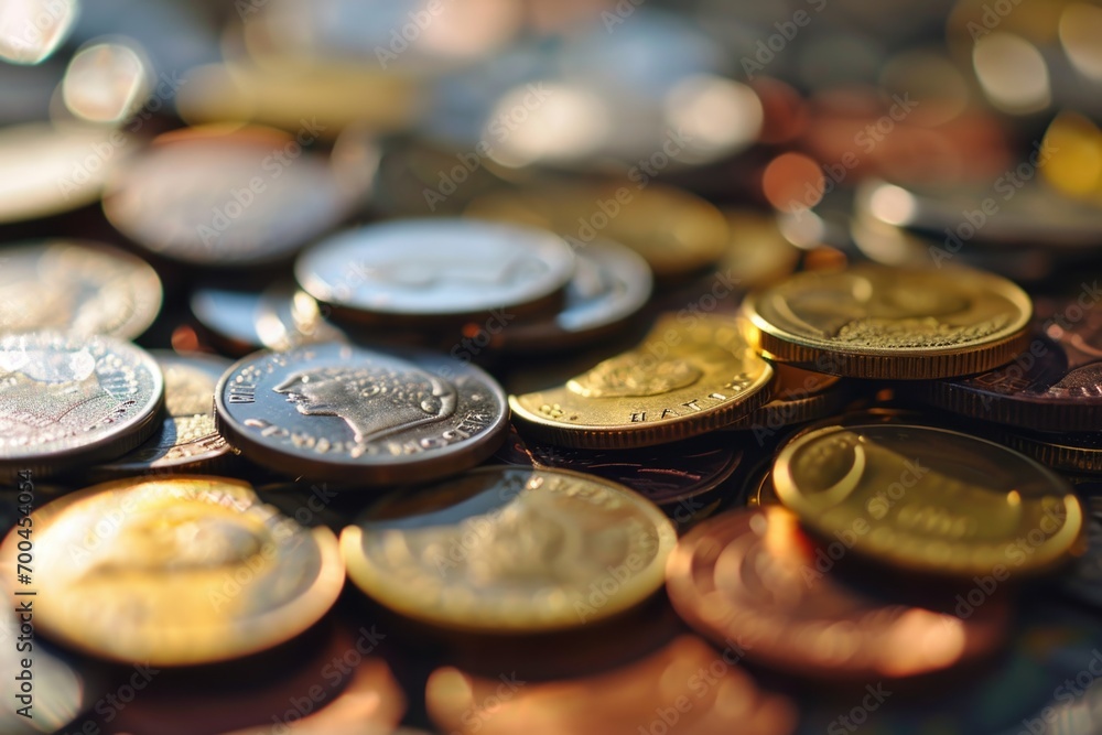 A pile of coins sitting on top of a table. Can be used to represent savings, finance, or wealth A pile of coins sitting on top of a table. Can be used to represent savings, finance, or wealth