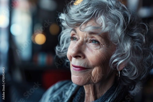 A close-up shot capturing the features of an older woman with grey hair. This image can be used to depict the beauty of aging or to illustrate concepts related to maturity and wisdom