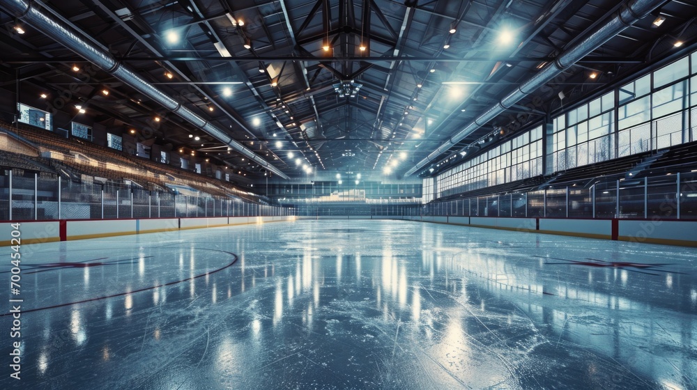 An empty hockey rink illuminated by numerous bright lights. This image can be used to depict the anticipation and excitement of a game about to begin
