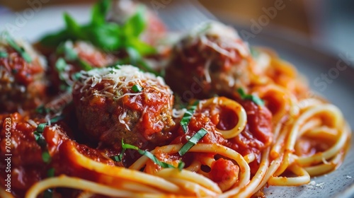 A delicious plate of spaghetti with meatballs and savory sauce. Perfect for Italian cuisine and food-related projects