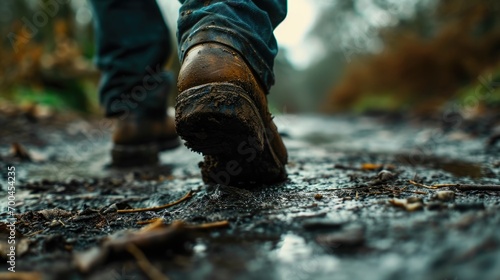 A close-up shot capturing the feet of a person walking through muddy terrain. Suitable for outdoor adventure or nature-themed projects photo