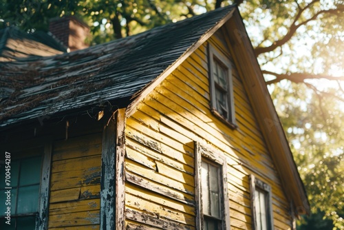 An image of an old yellow house with a tree in the background. This picture can be used to depict a nostalgic or vintage setting