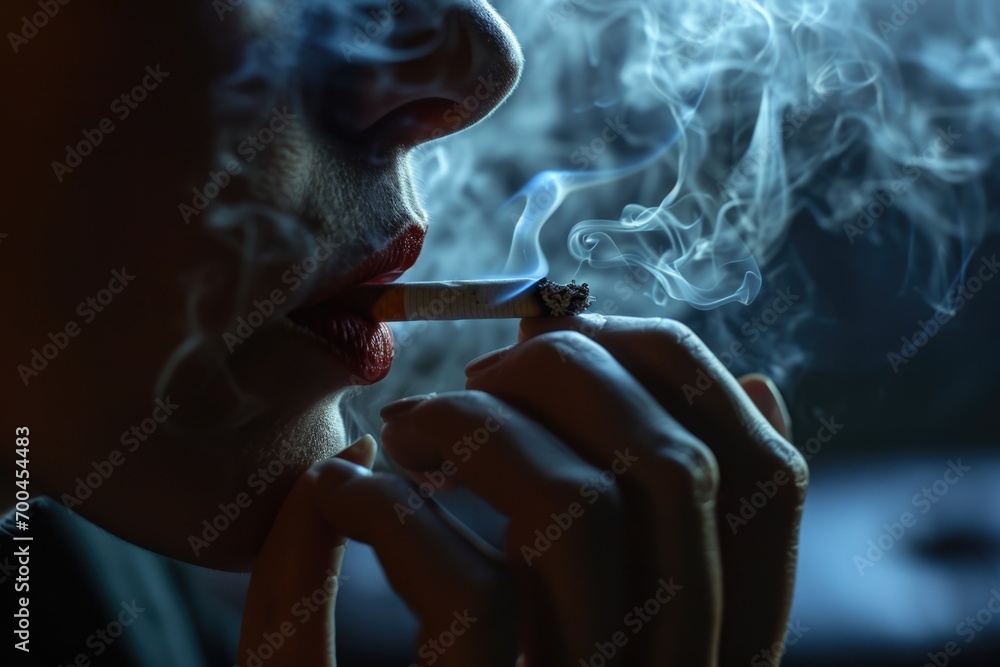 Fototapeta premium A woman is pictured smoking a cigarette in a dark room. This image can be used to depict addiction, solitude, or relaxation