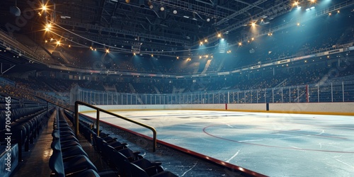 A picture of a hockey rink with a goalie standing on the ice. This image can be used to depict a hockey game or sports-related themes