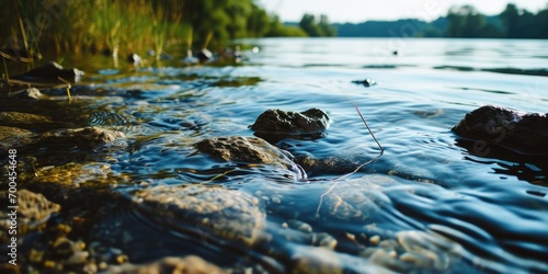 A scenic view of a river with rocks and grass in the water. Suitable for nature-themed designs and outdoor publications photo