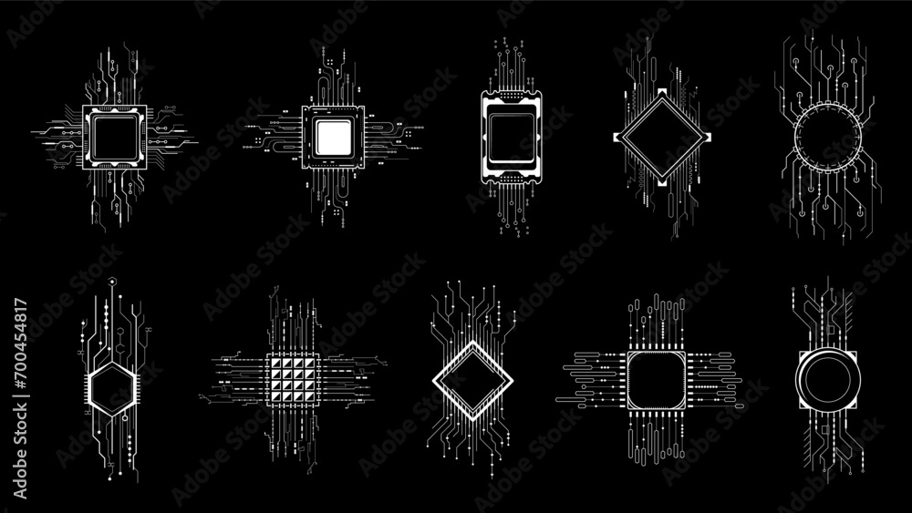 Naklejka premium Set Abstract Collection Black Simple Line Cpu, Computer, Technology Doodle Outline Element Vector Design Style Sketch Isolated On White Background Illustration